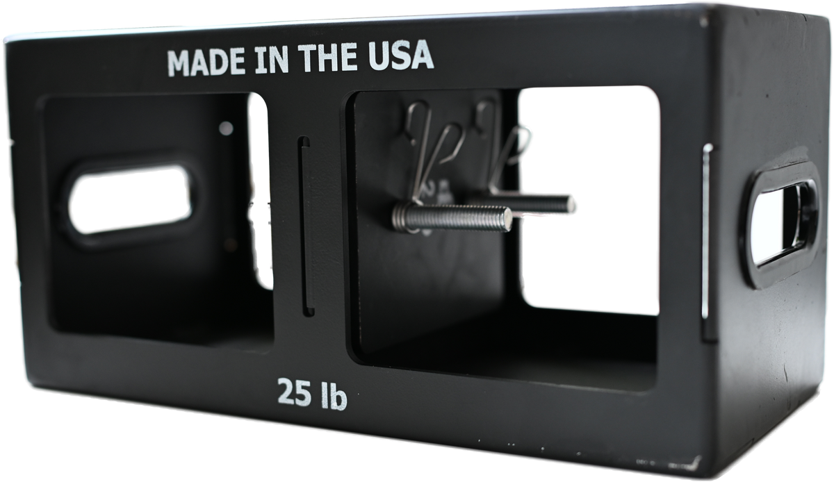 An EmberBox front on: both windows open, a threaded rod inside with a 2 lb plate on its spring clips.