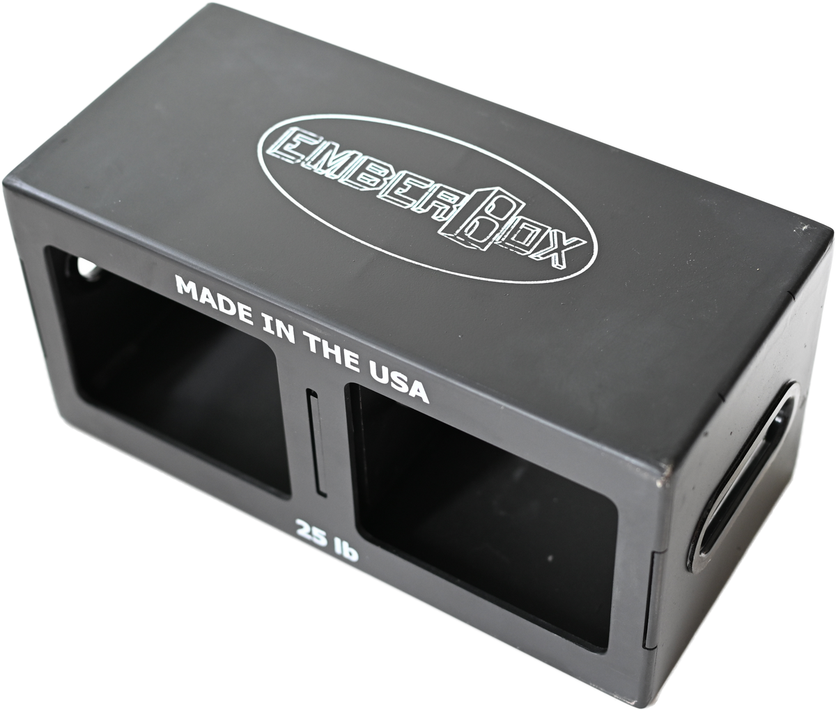 An EmberBox in three-quarter view: the logo on top, both windows and the end handle.