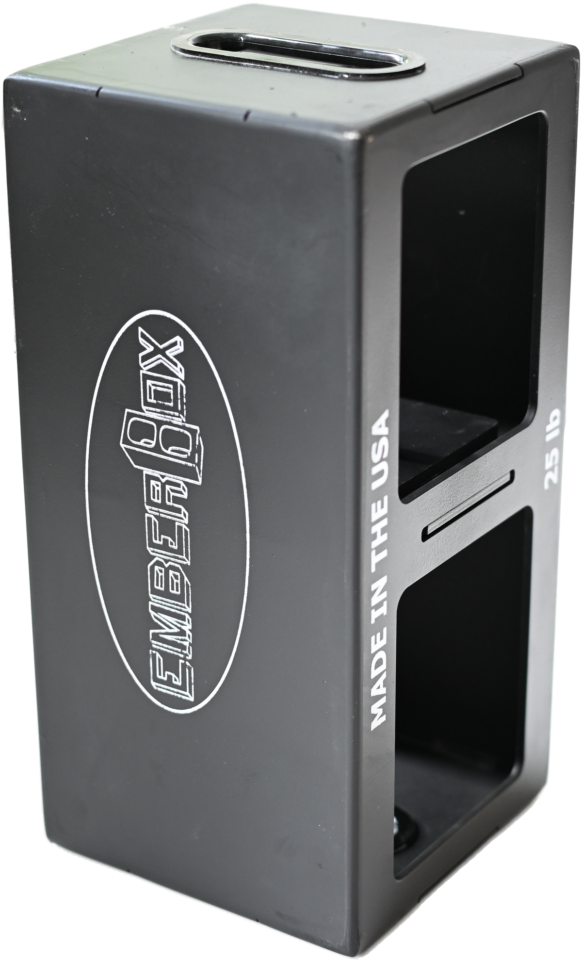 An EmberBox standing on end: the molded handle on top, both windows down the side.