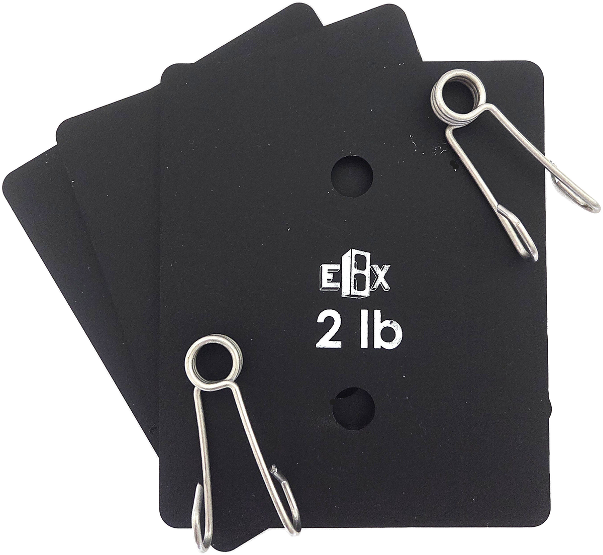 Three 2 lb EmberBox weight plates with their spring clamps.