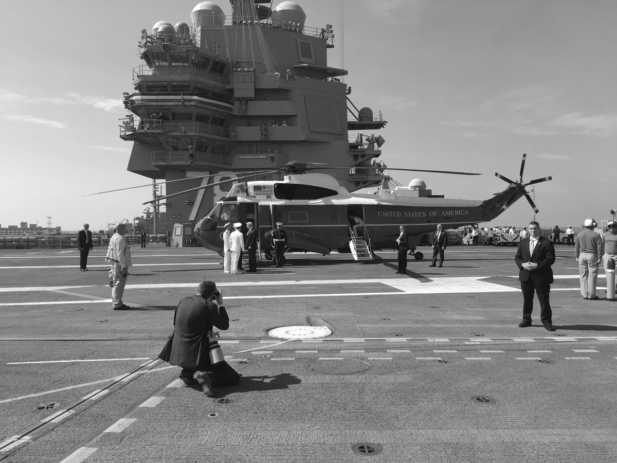 Marine One on a carrier deck.