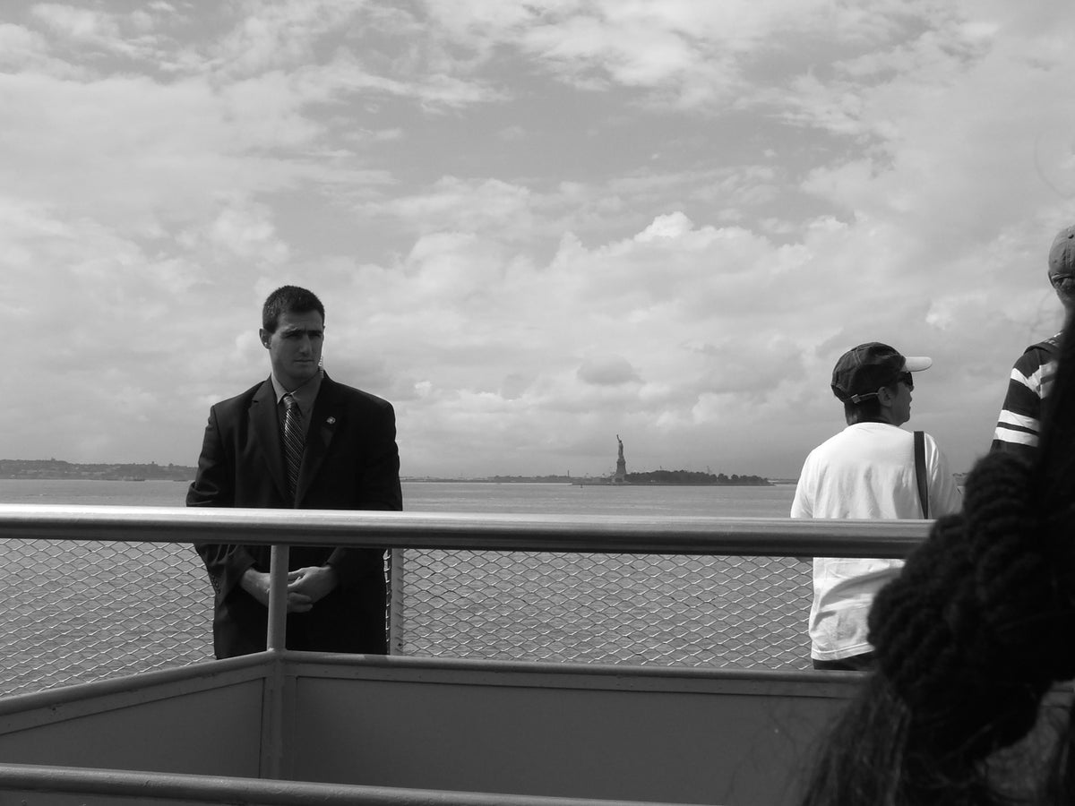 On the water in New York Harbor.