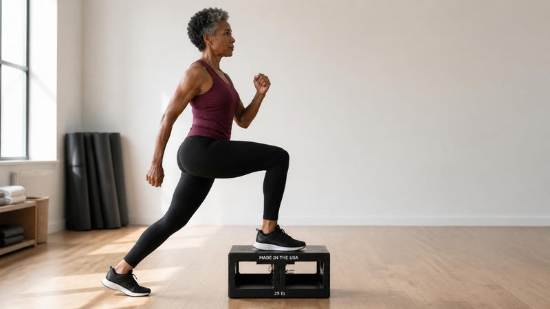 A step-up onto an EmberBox laid flat, in a bright studio.